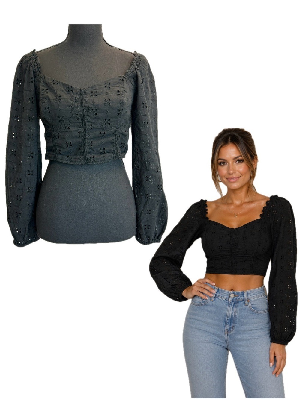 Japna Black Eyelet Embroidered Long Sleeve Crop Top Size M 100% Cotton